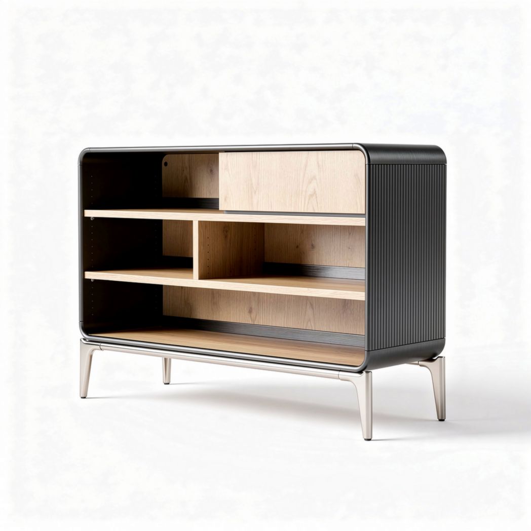 Mobiletto in legno di rovere e metallo nero 90 x 40 x 60cm con ripiani regolabili