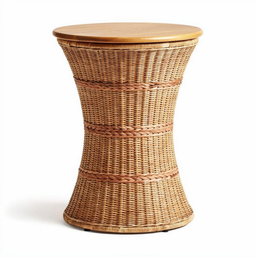 Tavolino in rattan con piano in legno diametro 40 cm altezza 55 cm