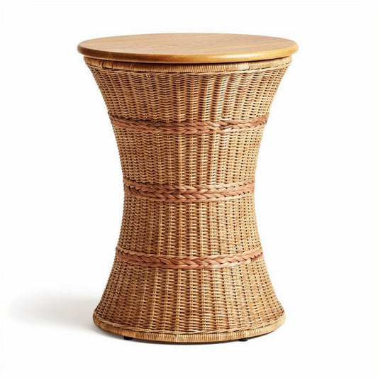 Tavolino in rattan con piano in legno diametro 40 cm altezza 55 cm